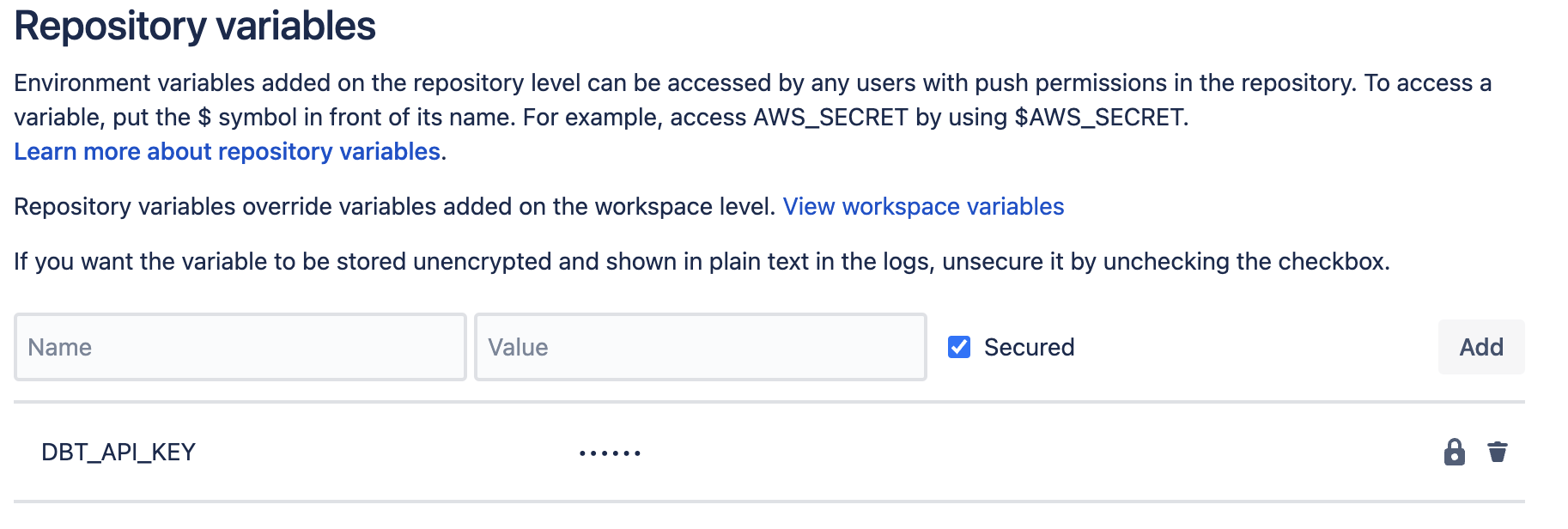 View of the Bitbucket window for entering DBT_API_KEY